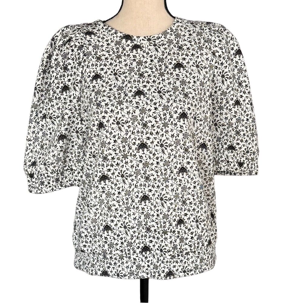 INC X-Small Sweatshirt Top Floral Crew Neck Puff Sleeves Elastic Waist Stretch